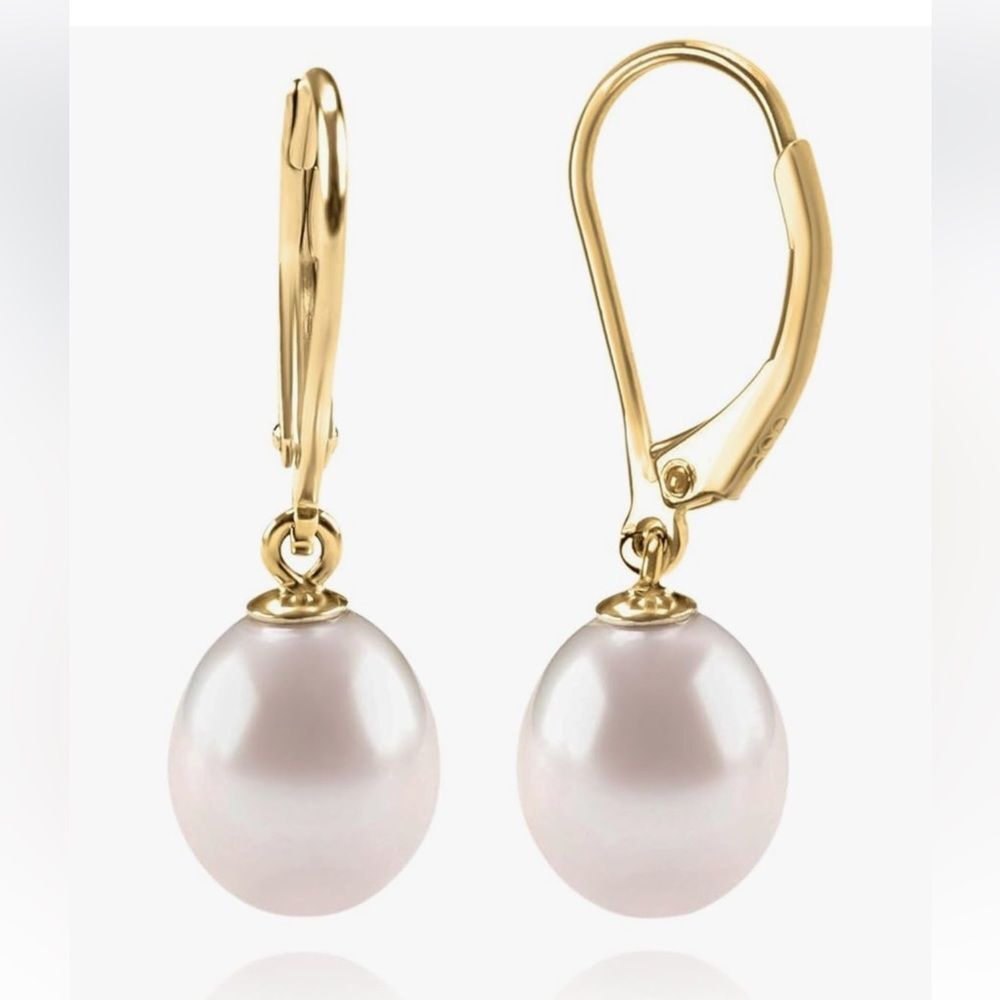 NEW 14K Gold Plated Gold and White Pearl Drop Hoop Earrings